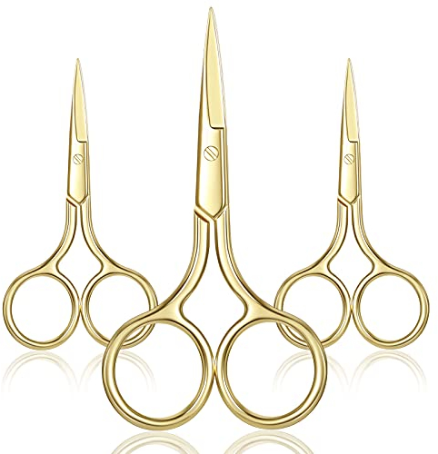 Mudder 3 Pack Small Nose Scissors Facial Hair Trimming Mini Beauty Stainless Steel Grooming Pointed Scissor for Grooming Eyebrows, Nose, Mustache, Beard(Gold)
