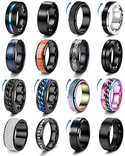 Adramata Anillos Antiestrés de Acero Inoxidable Negros, Giratorios para Promesa de Boda, 16 Uds., para Hombres y Mujeres, 6/8MM de Ancho, Tamaño 7-12