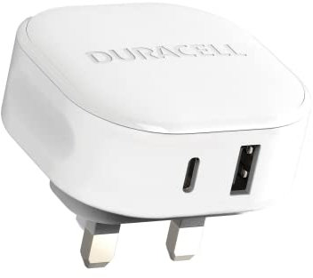 Duracell White 30W Dual Fast USB-C + USB-A PPS Compact Wall Charger Plug - Compatible With Smartphones, Tablets, Powerbanks & More - Flush To Wall Ergonomic Design & Fit