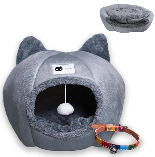 KawaiPets - Cuccia Gatto - Letti per Gatti per Interni, Lavabile con Cuscino Rimovibile - Cuccia Gatto Interno - Casetta per Gatti con Giocattolo Appeso e Collare Multicolore
