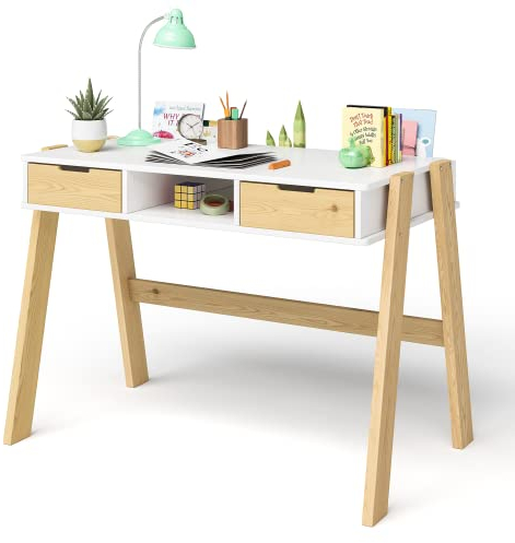 Bellabino Campo Kinderschreibtisch aus Holz in weiß/Natur mit 2 Schubladen 1 Ablagefach und 3 Aufbewahrungsfächern, Schreibtisch für Kinder ab 6 Jahre, 75 x 59 x 93 cm