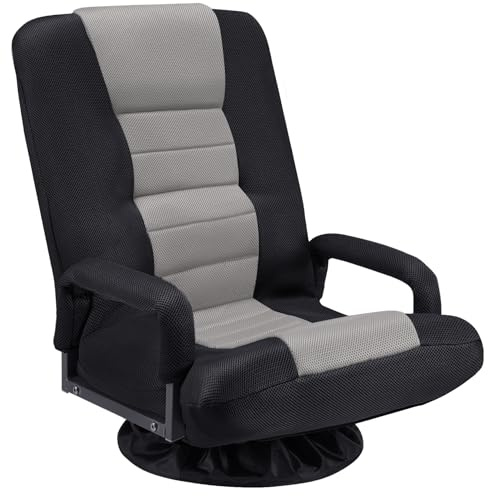 Buymoth Swivel Floor Gaming Chair w/Armrests,Folding Video Reclining Sofa w/6 Adjustable Position, Padded Backrest & Cushion, Lazy Lounger Couch for E-Sports, Reading, Relaxing, Watching TV, Grey