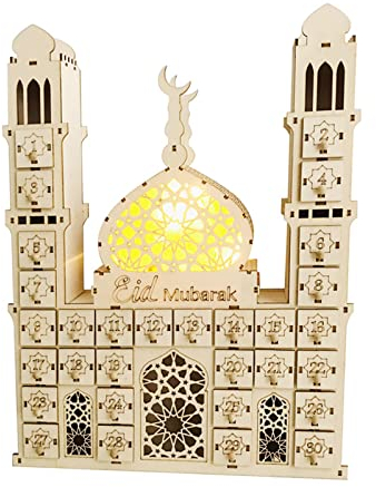 KieTeiiK Adventskalender, Ramadan-Countdown-Kalender aus Holz mit Lichtern und 30 Schubladen, handgefertigter Kirchen-Desktop-Kalender, wiederverwendbarer Kalender für Zuhause, Eid Ramadan,