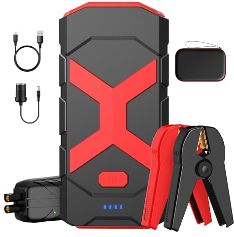 POWKEY Starthilfe Powerbank,2000A Auto Starthilfe 12V für Jump Starter für 8.0L Benzin/6.0L Diesel mit LED-Taschenlampe/USB,Jumper,Autobatterie Booster für SUV Motorrad Rasenmäher (Rot)