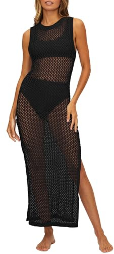 Viottiset Damen Lange Häkeln Badeanzug Cover Up Hollow Out Ärmellose Strandkleid Seite Split Strick Bikini Schwarz S