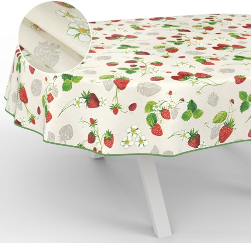 Vaxduk bordsduk tvättbar vaxduk vaxduk trädgårdsduk utomhus inomhus oval 240 x 140 cm med fåll jordgubbar