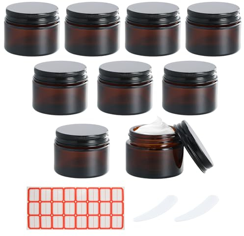 8 Pcs Tiegel Glas Braun 20ml 30ml 50ml, Leerdose Kosmetik Glas mit Deckel, 2 Löffel und Aufkleber, Anti-UV, Auslaufsicher, Cremedosen Braunglas Salbentiegel, Behälter Lotionen Öle Kerzen (50ml)