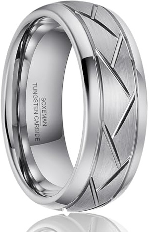 SOXEMAN Anello Nuziale Uomo in Tungsteno, Larghezza 8mm con Motivo Chevron, Finitura Satinata Industriale (Misura USA) | Tungsteno Argento | Misura USA 14 (72,3 mm)