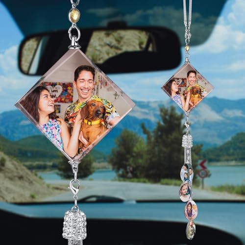 OTXIXTO Personalisierte Bild Auto Zubehör Kristall Auto Anhänger Hängen Auto Rückspiegel Zubehör Hängen Auto Fotorahmen Hängend Autospiegel Dekor Aufhängen Auto Kristall Zubehör - Rhombus