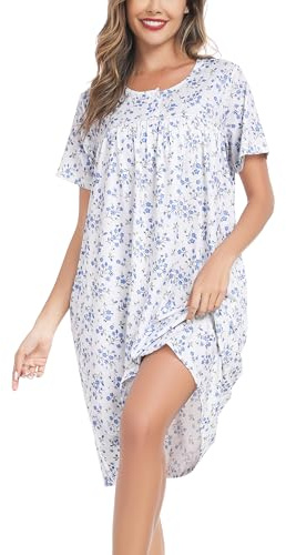 Vlazom Women's Nighties Button Front Long Nightdress Pleated Lace Nightgowns Luxury Soft Touch Nightgshirt with Pockets,Cobalt Blue Flower,XXL