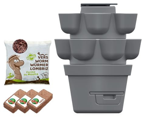 Moutta | WORMgarden Gris 2 jardinières + 250gr de vers de Compost | Jardin Potager Vertical avec lombricomposteur | Cultivez Vos Fruits et légumes | Créez Votre Potager et recyclez Vos déchets