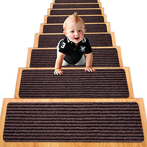 Spurtar Treppenstufen Matten, 76 cm X 20 cm, 15er Set Treppenteppich Selbstklebend Streifen Stufenmatten Innen Stufenteppich für Verschiedene Arten von Treppen Treppen Teppichstufen, Braun