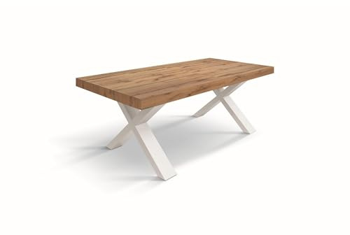 Tavolo allungabile AMALFI in legno effetto rovere rustico e gambe a X bianche, allungabile 160x90 cm - 240x90 cm