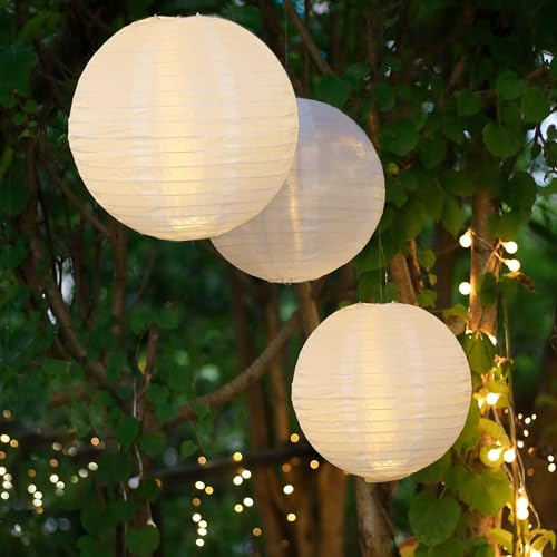 Hellum 150957 - Farolillos LED para exterior (3 unidades, con mando a distancia, luz blanca cálida, diámetro de 25 cm, 2 x 20 cm de diámetro, resistente a la intemperie, pilas, para exteriores,