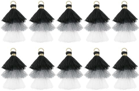 QUARKZMAN 10 Stück Winzige Dreischichtige Quasten 1,6 Mini Quaste Taschenanhänger Böhmische Handgefertigte Quasten Schlüsselanhänger für DIY Projekte Schmuckherstellung (Schwarz/Grau/Weiß)