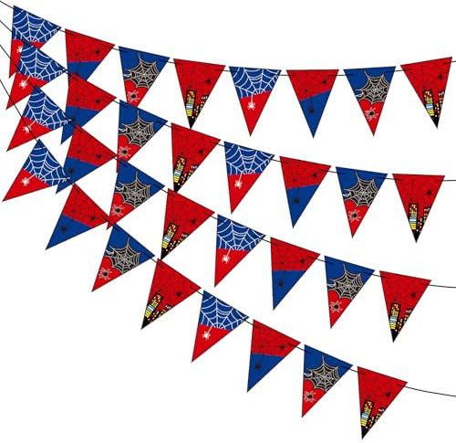 4pcs Spider Pennant Banner, Pre-Strung Spider Theme Birthday Party Decorations Cartoon Movie Hanging Bunting Triangle Flag for Boys Kids Baby Shower Backdrop Decor