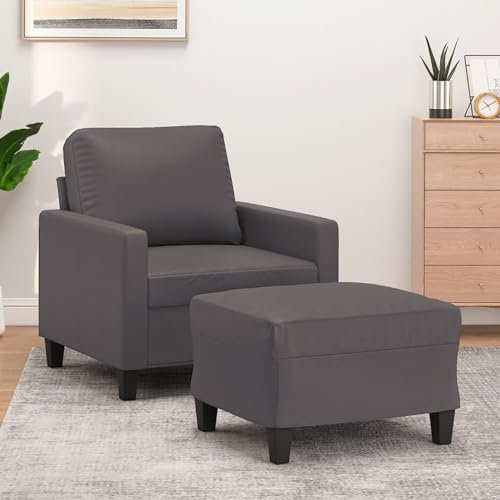 Homgoday Sessel mit Hocker Grau 60 cm Kunstleder Polstersofa Loungesessel, Polstersessel, Einzelsofa Loungesofa Sitzmöbel für Wohnzimmer Empfang Büro