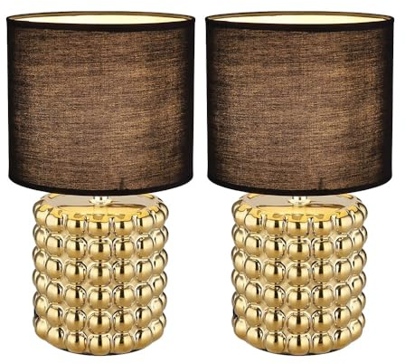 Tischlampe Wohnzimmer Tischleuchte Keramik Nachttischlampe schwarz gold, Textilschirm, 1x E14 Fassung, DxH 18,5x33 cm, 2er Set