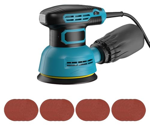 hzexun 350W Lijadora Orbital, Seis velocidades de 13000 OPM, eficiente sistema de recogida de polvo,16 Hojas de 125 mm Discos Abrasivos ideal para el lijado de metal y madera