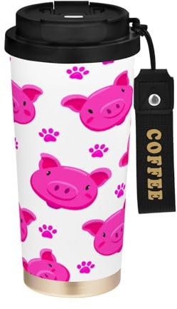 JUMBEAR Taza de viaje aislada al vacío con caras de cerdo de dibujos animados, tazas de viaje reutilizables para café, taza de café de acero inoxidable de doble pared a prueba de fugas con tapa para
