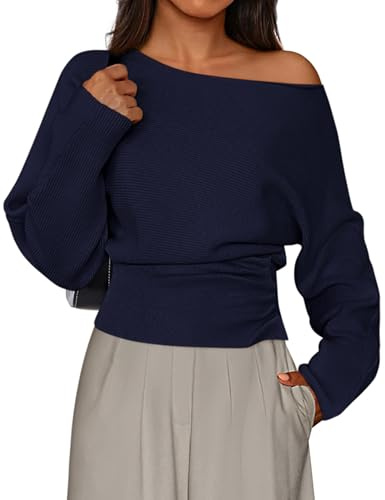 PRETTYGARDEN Women Off The Shoulder Sweater 2026 Fall Trendy Long Batwing Sleeve Knit Pullover Going Out Tops Winter Clothing (Navy Blue,Small)