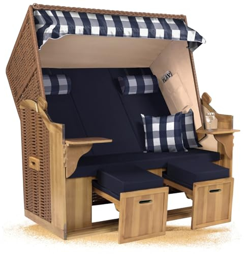 Strandkorb Hanse Ostsee XXL 2,5 Sitzer Volllieger Natur Beige 150cm breit, ideal für Garten, Terrasse und Balkon (Blau Weiß Kariert Uni, Zerlegt)