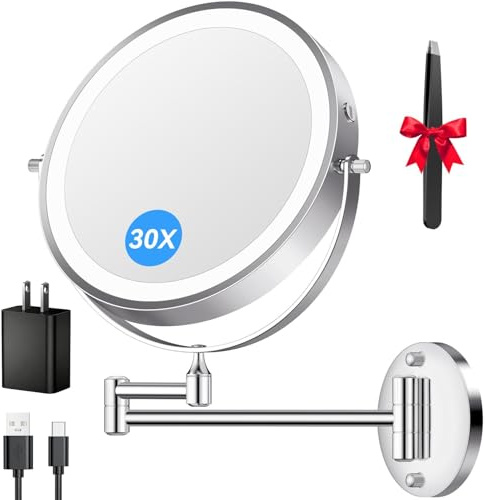 5000mAh Rechargeable Wall Mounted Lighted Makeup Mirror, 9'' 30X/1X Double-Sided Magnifying Mirror with Light, Bathroom Mirror Touch Dimmable 3 Colors 360° Rotation Extended Arm, Power Adapter