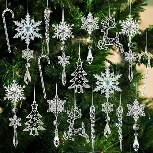HAFRILY 18Pcs Crystal Christmas Tree Decorations Snowflake Icicles Candy Cane Reindeer Christmas Decorations Hanging Ornaments for Tree Party Frozen Themed Birthday Decor