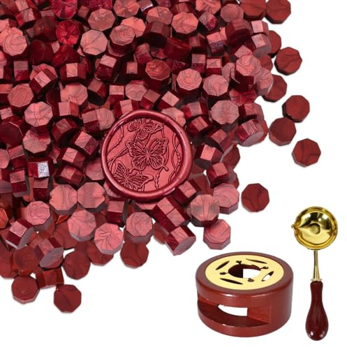 300 Perles de Cire à Sceller, Cachet de Cire avec Chauffe-Cire & Cuillère de Fusion – Kit de Sceau de Cire Octogonal pour Lettres, Enveloppes, Invitations de Mariage, Cartes, Emballages (Rouge)