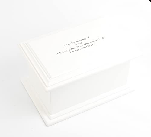 MDF White Painted Casket Urn Box – Refined Memorial Ashes Container with Secure Screw Bottom – Peaceful Tribute Design (Medium, Text Engraved)