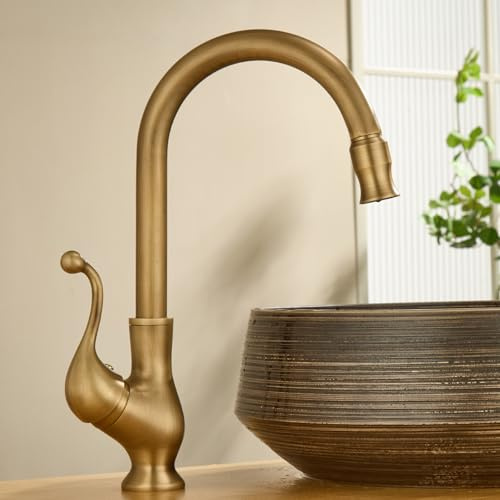 BiaoTeng Küchenarmatur Antik Messing Einhand Spültischarmatur Küche 360° Drehbar Warm und Kalt Spülenarmatur Küche Retro