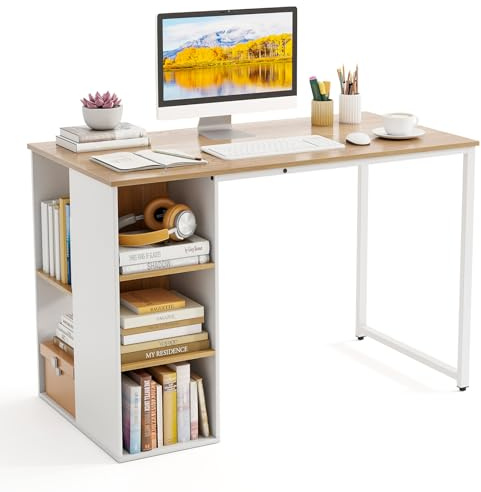 COSTWAY Schreibtisch mit 5 Fächern, Computertisch 115 x 59 cm, Bürotisch mit Stauraum & Metallrahmen, PC-Tisch modern, Arbeitstisch für Schlafzimmer, Arbeitszimmer, Natur + Weiß