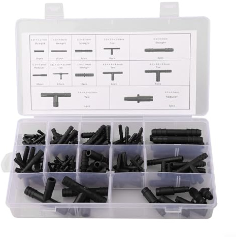113Pc Automotive Plastic Hose Connector Assortment Set with Reducers, Straight Couplers and T-Piece Fittings for Coolant and Fuel Lines, Includes For Hose