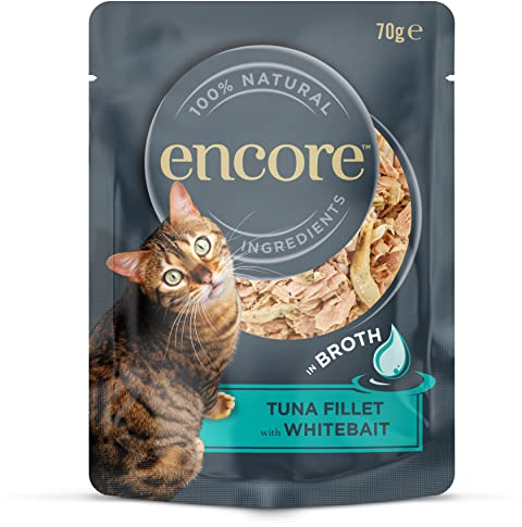 Encore 100% Natural Wet Cat Food Pouch, Tuna Fillet with Whitebait/Anchovy in Broth 70g Pouch (16 x 70g Pouches) (Packaging May Vary)