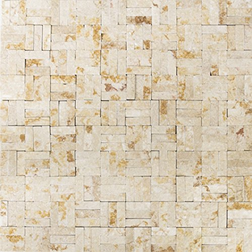 Mosaik parkett Splitface sunny beige 3 D marmor natursten kök, mosaiksten format: 10 x 30 x 7 – 8 mm, bågstorlek: 300 x 300 mm, 10 ark