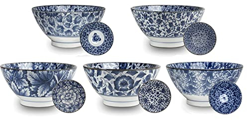 AAF Nommel ®, Lot de 5 bols à riz japonais Ø 18 cm en porcelaine japonaise en 5 motifs différents, n° 85, blanc/bleu