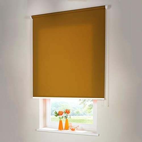 Sonnenschutz-HH® - Seitenzugrollo Verdunkelungsrollo - Außenmaß Breite 65 x 110 cm Höhe Ocker - Lichtundurchlässig Blickdicht Rollo für Abdunkelung Kettenzugrollo inkl. Universalträger