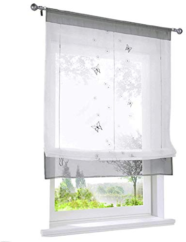 ESLIR Raffrollo Küche Raffgardine mit Tunnelzug Gardinen Transparent Bändchenrollo mit Schmetterling Bestickt Voile Grau BxH 80x100cm 1 Stück