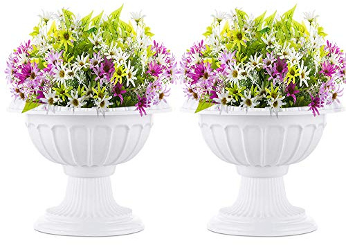 Klassischer Urnen-Pflanzgefäß, 26 cm Höhe, Kunststoff, für Innen- und Außenbereich, dekorative Urne, Podest aus Kunststoff, für Zuhause, Garten, Veranda, Tür, Terrasse, Balkon, Dekoration, Weiß, 2 Stück