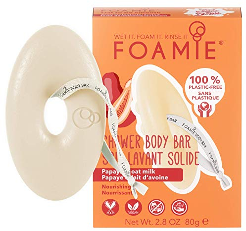 FOAMIE Shower Body Wash Bar, Papaya & Oat Milk. Plastic-Free, Soap-Free, No Sulphates or Parabens. Made Sustainably in the UK. 100% Vegan and Cruelty free. Environmentally friendly solution.