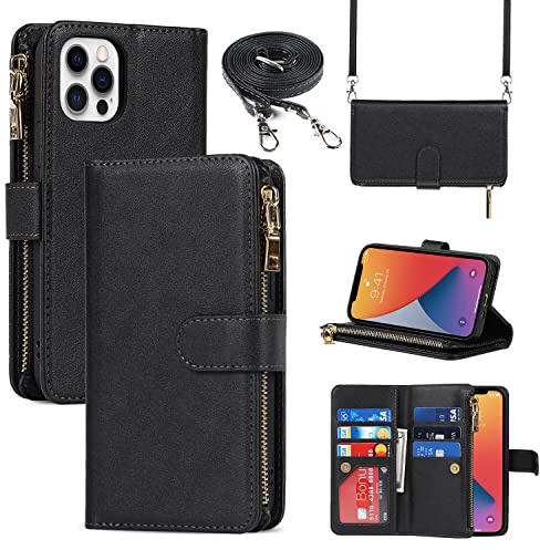 CAVOR HandyHülle kompatibel mit iPhone 12 Pro Max Hülle Mit Band,Flip Leder Geldbörse Hülle Mit Handykette,[9 Kartenfach][Magnetisch],Klappbar Handytasche - Schwarz