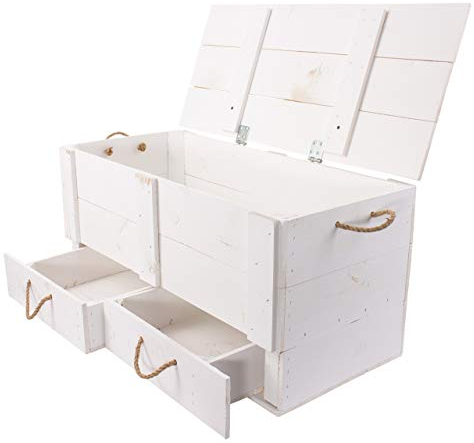 Große weiße Holztruhe mit Deckel und Schubladen 85x39x40cm Hochzeit Schatztruhe Spielzeugkiste Garten Truhe Bank Stauraum Aufbewahrungstruhe mit großer Kapazität Schlafzimmer, Wohnzimmer