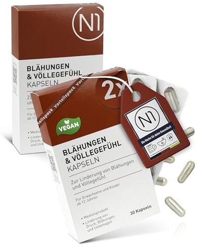 N1 Blähungen & Völlegefühl Kapseln 60 St. - Medizinprodukt mit Simeticon | Gegen Völlegefühl, Druck und Blähbauch - mit Simeticon und Mineralerde, gut verträglich für Erwachsene und Kinder ab 12