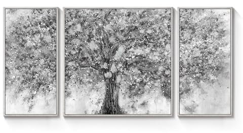 Baum Leinwand Wandkunst gerahmt: 3 Stück Abstrakt Silber Grau Bilder Natur Baum des Lebens Gemälde Ahornblüte Landschaft Drucke Modern Handgemalt Große Kunstwerk für Wohnzimmer Schlafzimmer Esszimmer