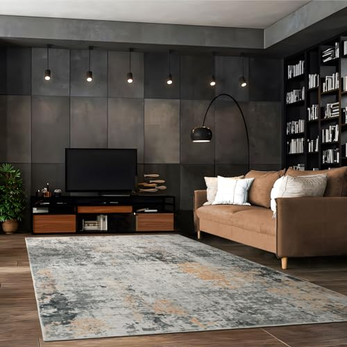 TALETA Teppich Waschbarer Kurzflor, Modern für Wohnzimmer, Schlafzimmer, Küche, Esszimmer - Grau mit Schwarz-Goldenem Muster, 160x230cm