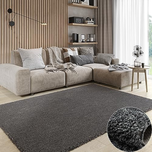 MY-RUG Shaggy Star kuscheliger Langflor Teppich, Rutschhemmende Unterseite, extra Langer Hochflor 37 mm, Pflegeleicht, Super Soft, Felloptik, dunkelgrau, grau, anthrazit, eckig 140 x 70 cm