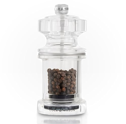 Cole & Mason 675 Pepper Mill, Adjustable Precision+ Carbon Steel Mechanism | Pepper Mill for Seasoning/Cooking, Acrylic, 11.8cm, Comes Filled, Lifetime Mechanism Guarantee