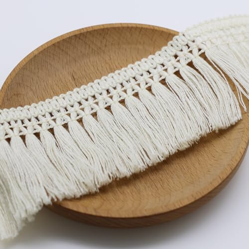 Yalulu 10 Yards Cotton Tassel Fringe Trim, 6cm Wide Sewing Fringe Trim, Fabric Fringe Trim Decorative DIY Crafts Dress Trimming Decor (Beige)