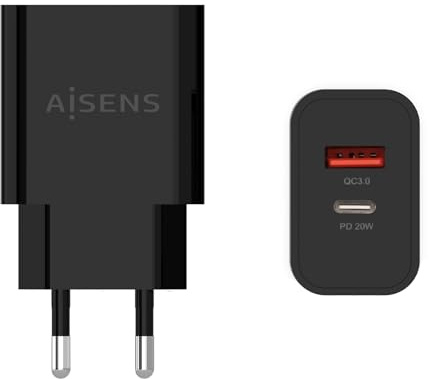 AISENS - A110-0682 - Cargador 20W, 1XUSB-C PD3.0, 1XUSB-A QC3.0, Negro