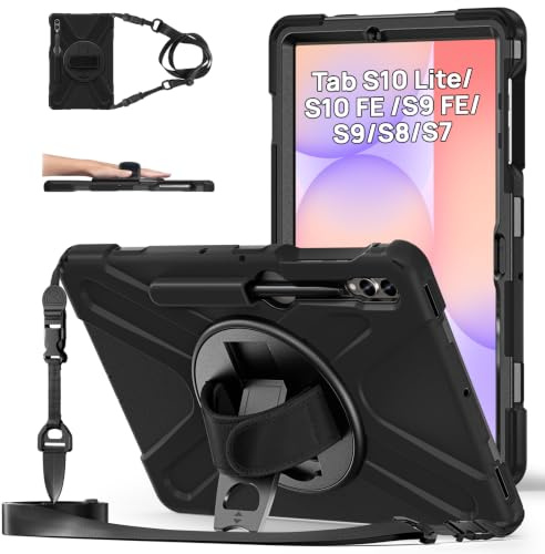 Gerutek Hülle für Samsung Galaxy Tab S10 Lite/S10 FE/S9 FE/S9 10,9,Schwarz | Stoßfeste Hülle mit 360° Drehbar Stände/Handschlaufe, Schultergurt Stifthalter, Rundumschutz Case für Arbeit/Outdoor/Drinnen